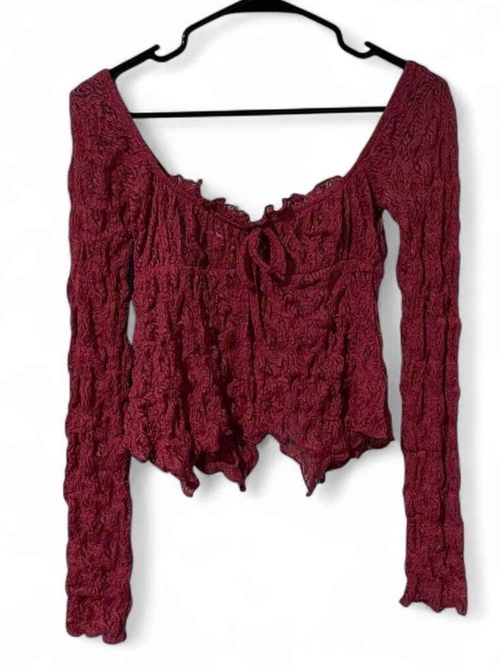 BDG Burgundy Ruffled Long Sleeve Peasant Top